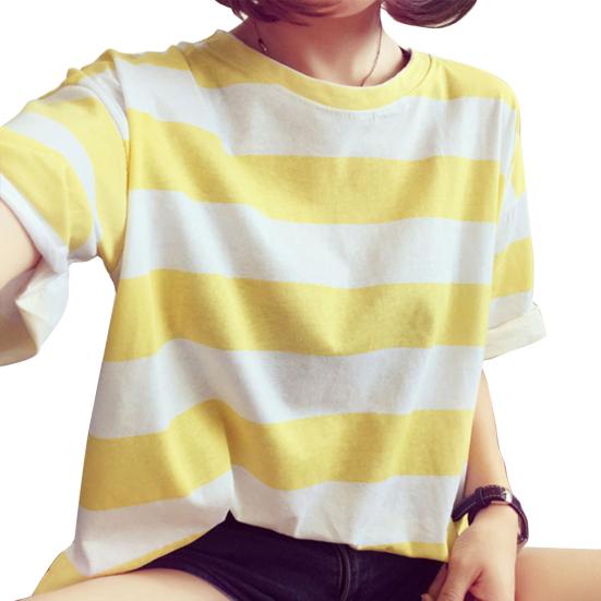 

Women Casual Short Sleeve Crew Neck T Shirt Pullover Loose Stripe Tops Outfit L жёлтый