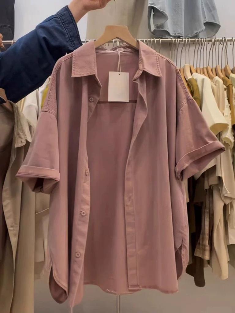 over Plus Size 150.00kg Hong Kong Style Chic Short-Sleeved Shirt for Women Plus Size Ladies Summer Thin Loose Retro Cardigan Shirt Trendy 2