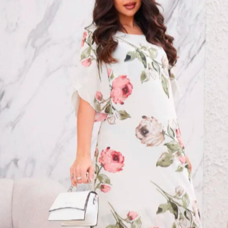 Fashion Chiffon Print Dress Women Loose Round Neck Summer Outfit