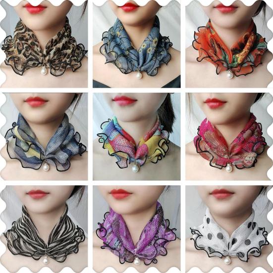 Women Faux Pearl Ruffled Square Scarf Fashion Multi-use Lace Hair Band Gift