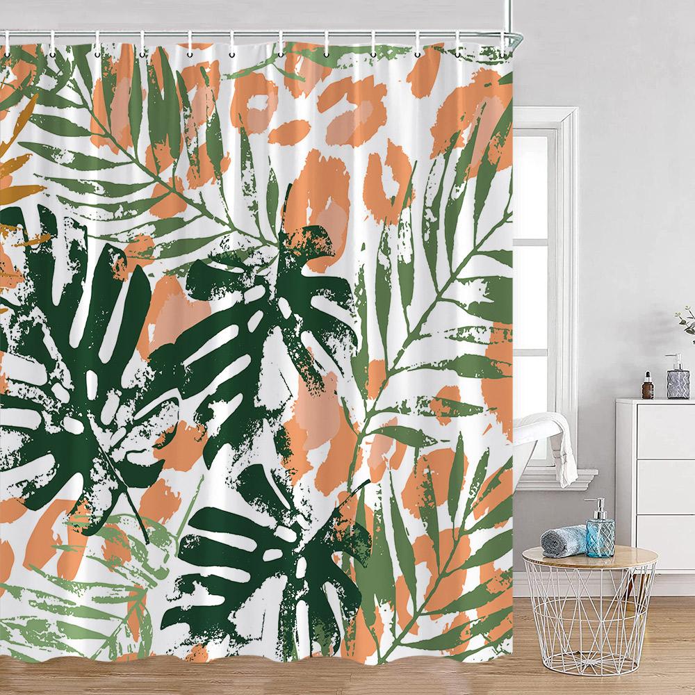 Green Leaves Shower Curtains Monstera Palm Leaf Green Plants Botanical Bathroom Curtain Greenery Bath Deorations with Hooks