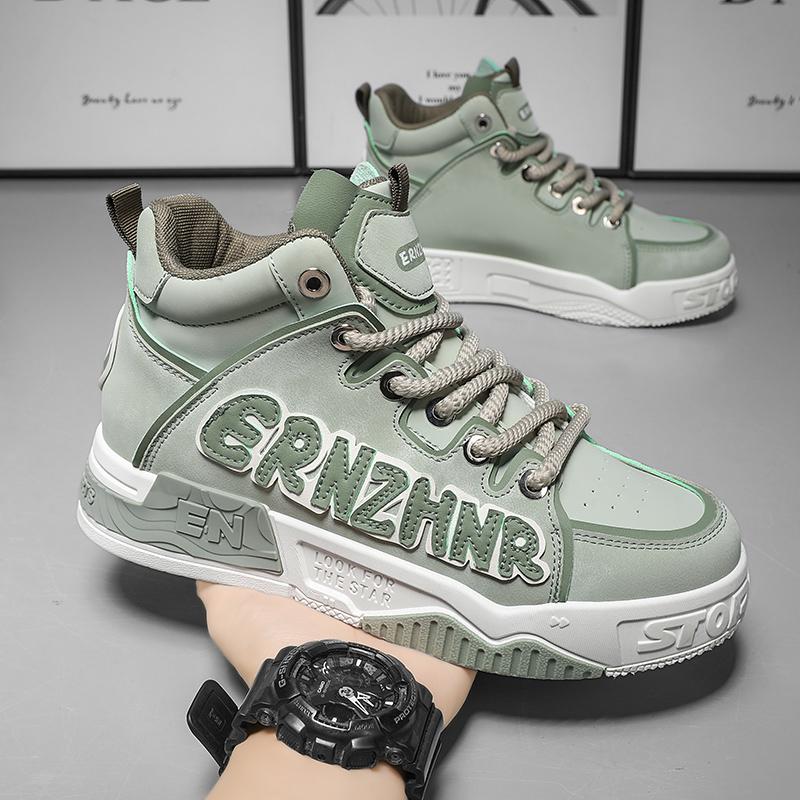 Mens Skate Shoes Flat High-top Leather Comfortable Outdoor Walking Casual Footwear Trendy High-top Lace-up Tennis Sneakers Man