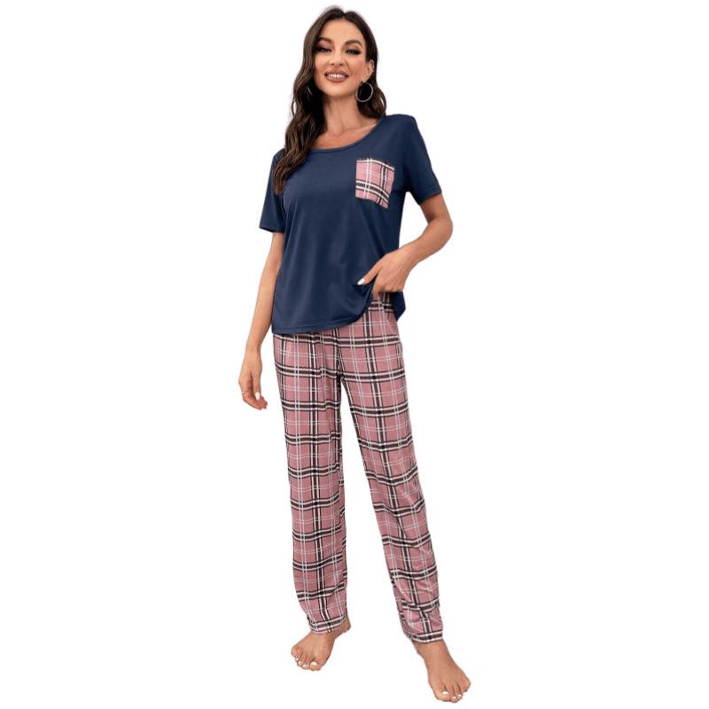 Sommer lässiger Stil Damen Loungewear gestrickte Baumwolle Karomuster Taschen kurze Ärmel Hose Pyjama Anzug Damen