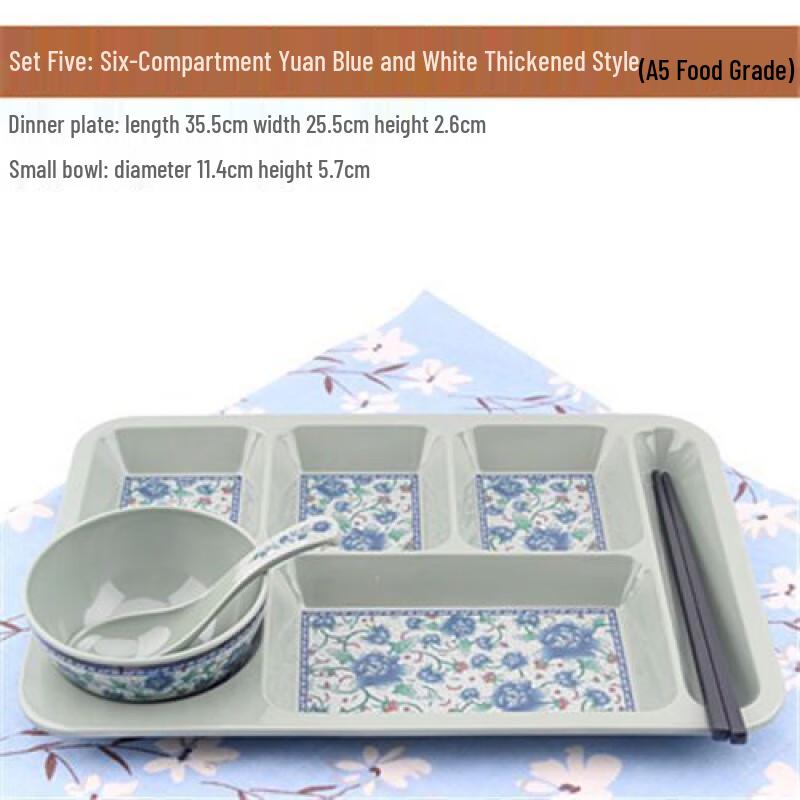 Jijun Commercial Melamine 6-Compartment Dining Plates, Yuan Blue & White