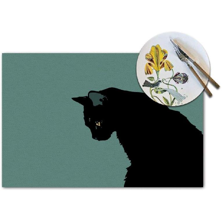 Cat Placemats Set of 4, Art Dark Cat Blue Vintage Placemats Heat Resistant for Dining Table Non-Slip 18x12 Inches
