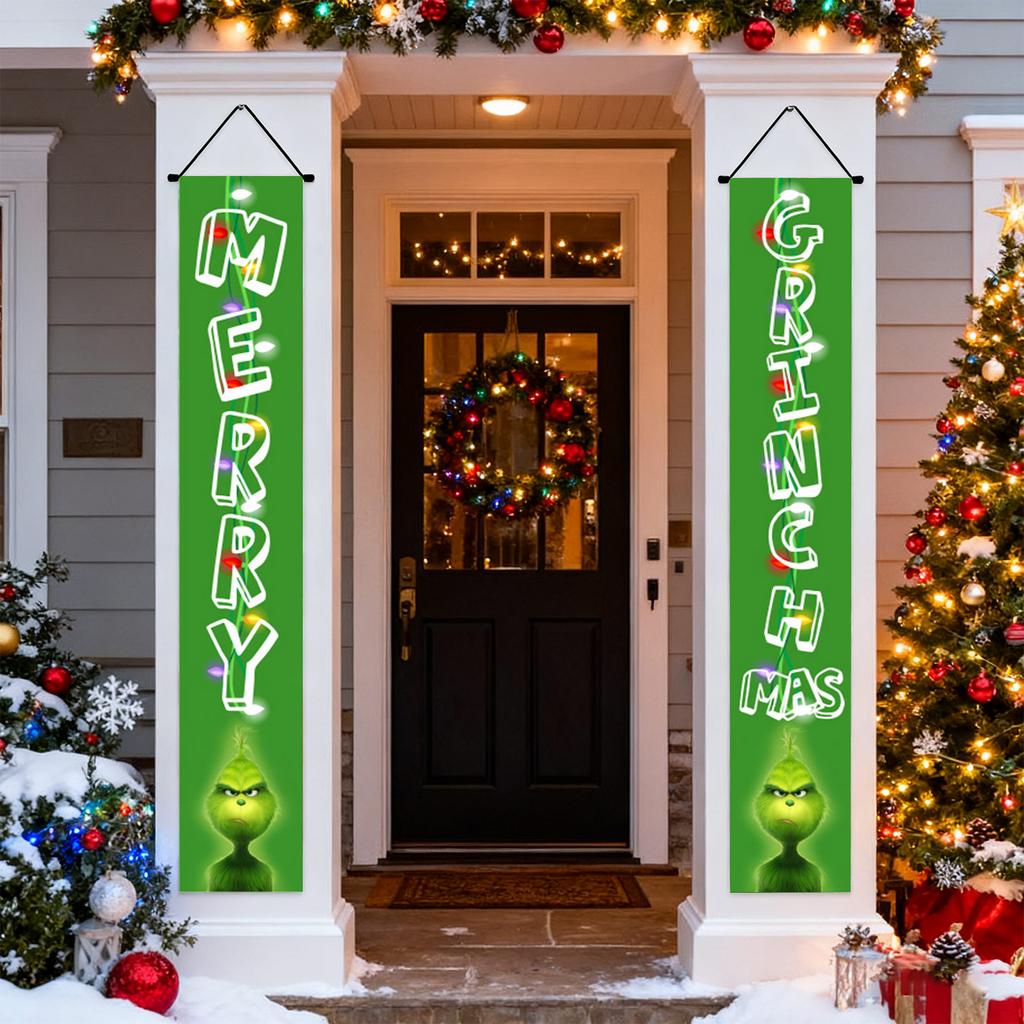 New Arrival! 30*180cm Christmas GreenGhost Couplets - Polyester,Durable& Eye-catching Design for Home & Cafe Decoration.