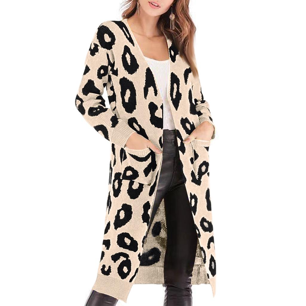 Women's Casual Loose Leopard Print Mid-length Knitted Sweater Jacket