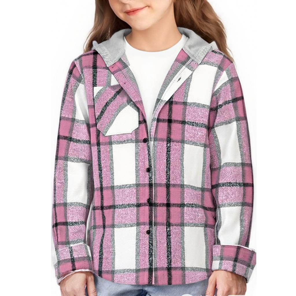 Children's Fashion Hooded Plaid All-match Casual Loose Shirt Long Sleeve Jacket