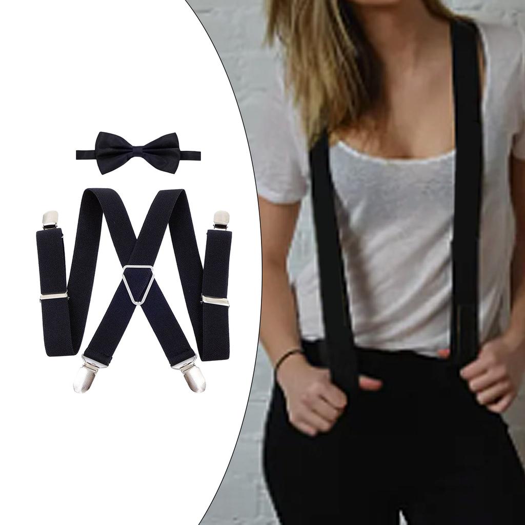 Stylish X Shape Braces and Bow Tie Set Adjustable Length Suitable for Most Men Women 4 Sturdy Clips Versatile Usage