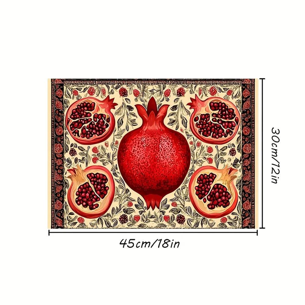 4-Pack Persian-Style Pomegranate Design Linen Table Mats, 12x18 Inch Rectangular Machine Washable Placemats for Dining