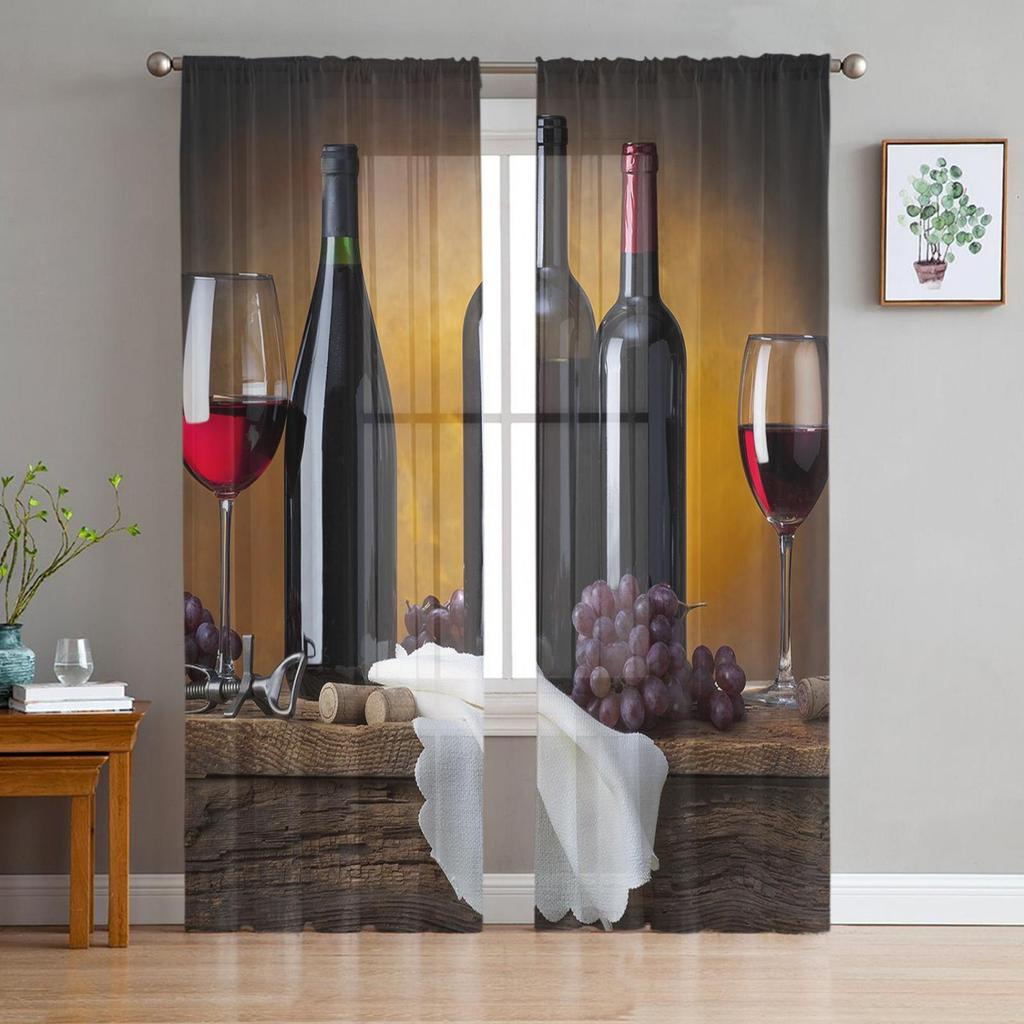 Red Wine Wine Bottle Wine Glass Sheer Tulle Window Curtains For Living Room Bedroom Kitchen Veiling Curtain Home Decoration