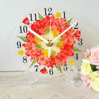 Lisované květinové květinové hodiny Květinové kruhové nástěnné hodiny Stolní hodiny Ručně vyráběná dárková roztomilá krabička 15cm (Šarlatová)