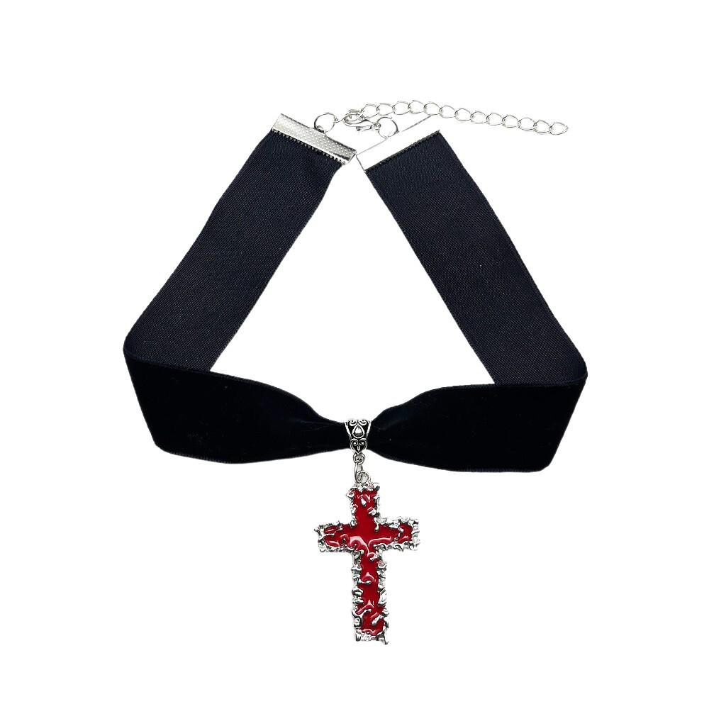 Gothic Punk Irregular Cross Pendant Necklace with Black Velvet Choker