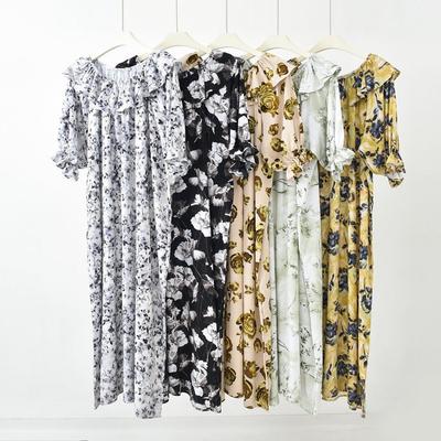 Cotton Noil Floral Long Dress O Neck with Ruffles Slimming Boho Beach Cover Up Loose Drawstring Waist Viscose Thin Dresses