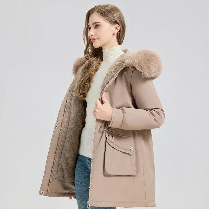 Mid Length Hooded Parka Coat Women's Winter Fur-Lined Coated Warm Cotton Coat