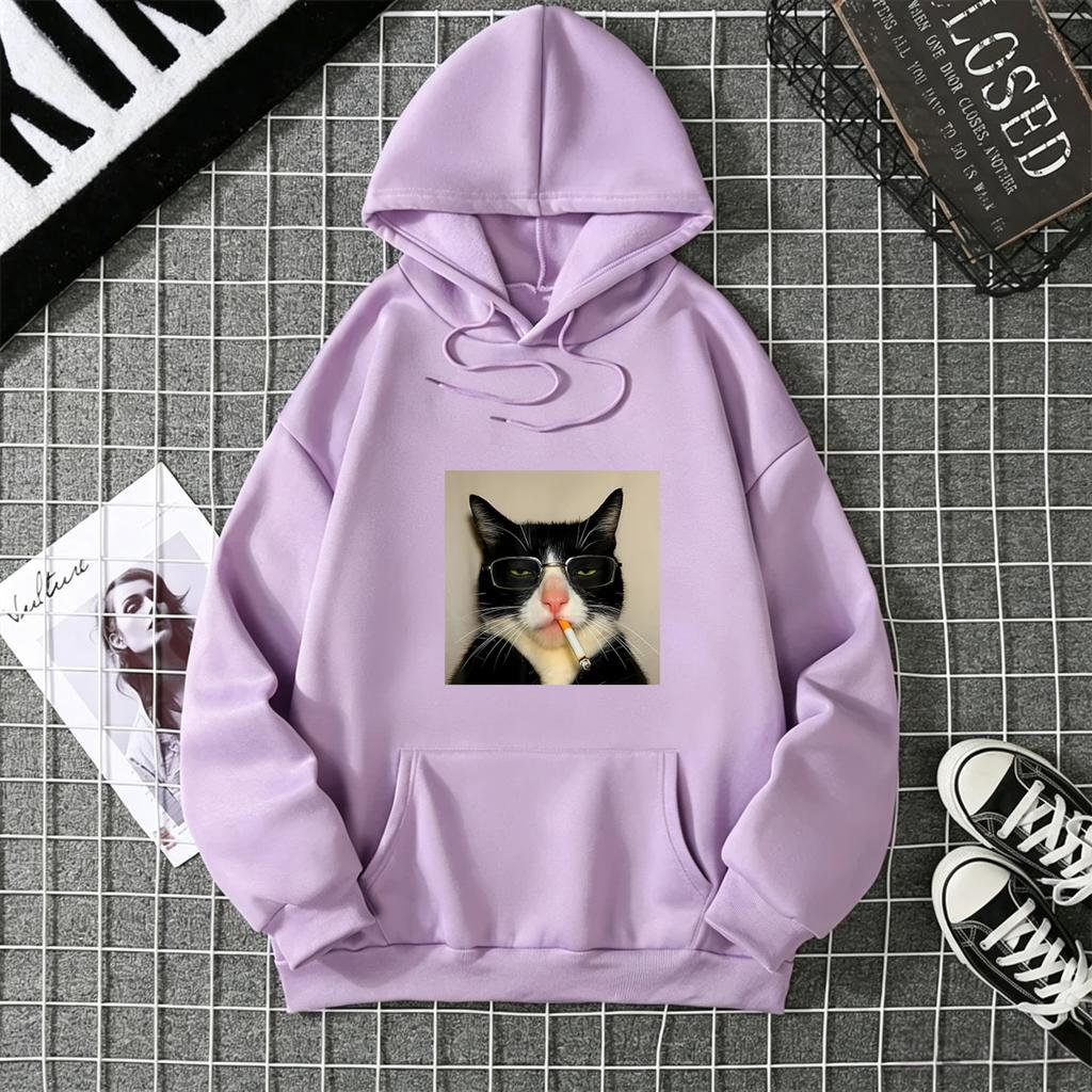 Aesthetic Meme Cool Tuxedo Cat Graphic Front Print Hoodie Loose Oversized Casual Pink Streetwear Sweatshirt For Men Women