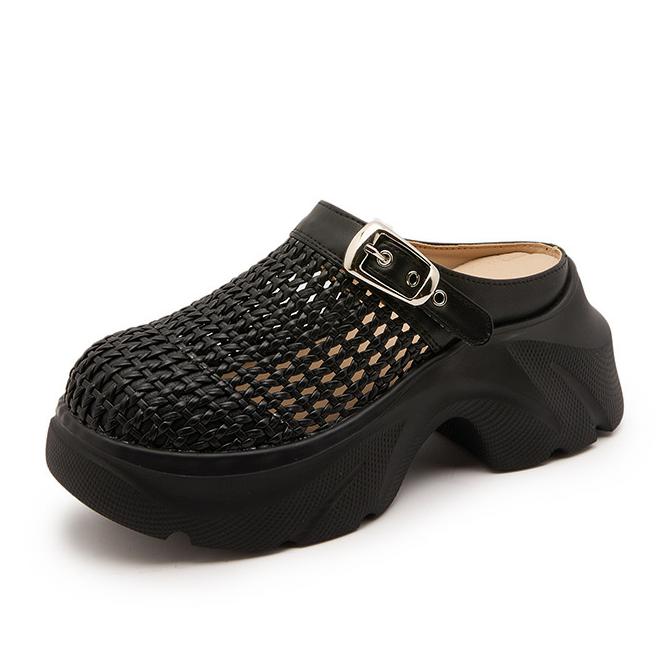 

7.5CM Women s Platform Slip-On Shoes Thick Bottom Woven Half Slippers Spring Summer New Style Retro Roman Style Leather Sandals 39 чёрный