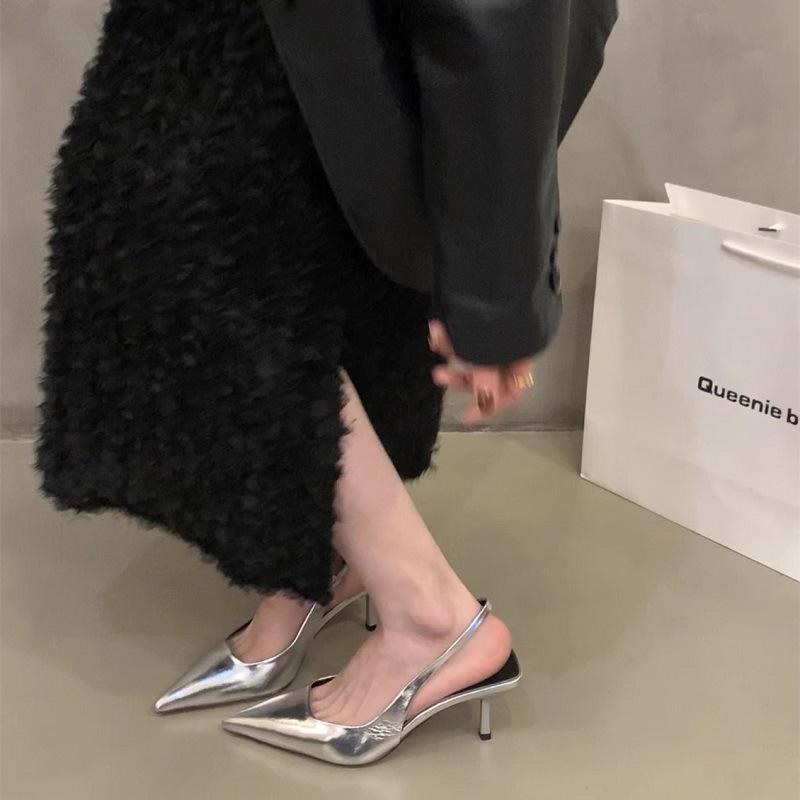 Silver Pointed Toe Backless Heels - 2025 New Spring/Autumn Collection