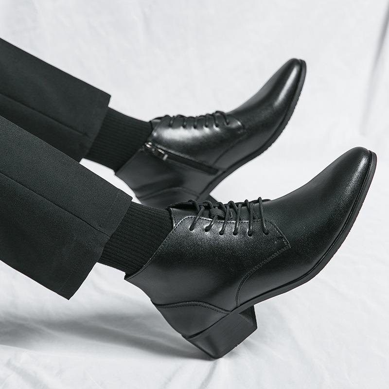 Herrenstiefel Business Lederstiefel Mode Schnürstiefel Knöchelhohe Reißverschluss Freizeitschuhe Spitz zulaufende Plateau Chelsea Stiefel