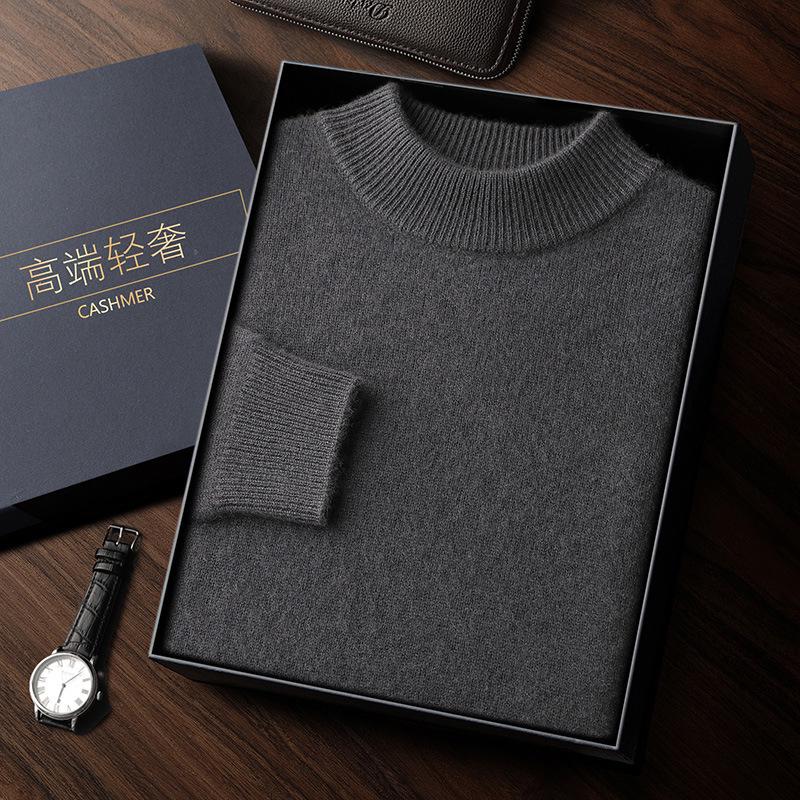 Men's Double-Thick Lamb Cashmere Sweater, Solid Color, Round Neck, Autumn/Winter Base Layer.