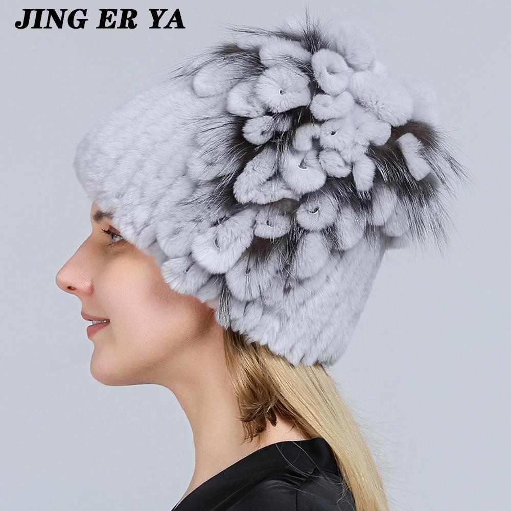 Winter Women's Warm Fashion Beanie Knitted Hat Real Rex Rabbit Fur Hat Knitted with Side Flower Russia Hat
