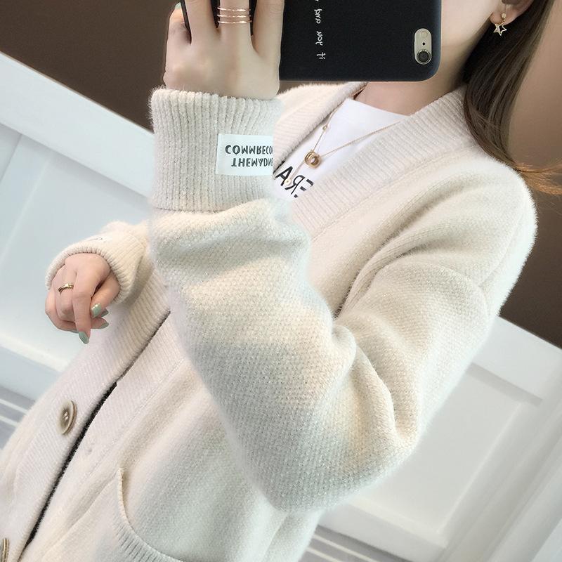 

Knitted Cardigan Sweater for Women Autumn Solid Color Loose Large Size Medium Long Sweater S бежевий