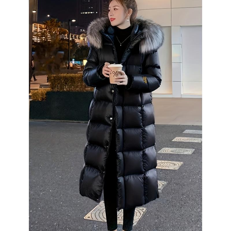 New  Women's Black and Golden Faux Padded Coat, Long Slim Fit, Thickened with Large Collar, Long Padded Padded Jacket