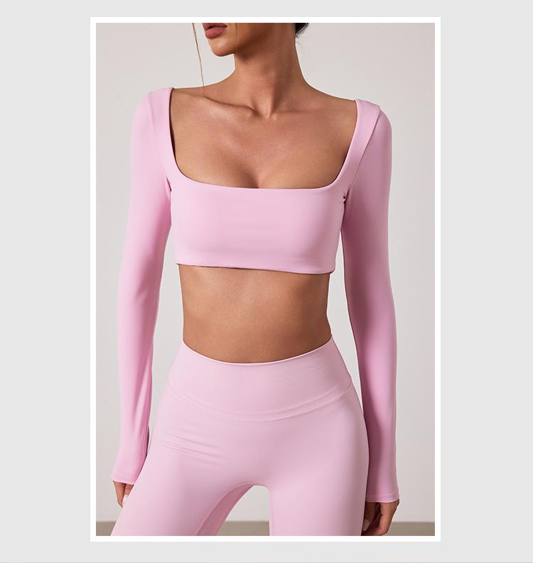 European & American Dance Yoga Wear: Sexy Square Neck Long Sleeve Top & High Waist Hip-Lifting Pants Set