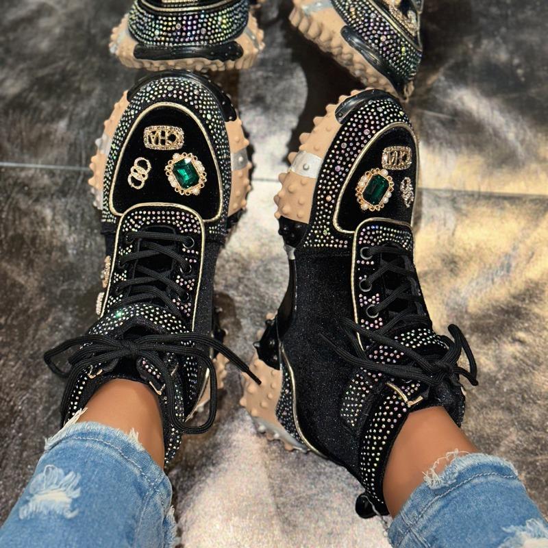 Women Casual Sneakers Luxury Designer Boots Rhinestone Suede High-Top Thick Bottom Shoes Female Tennis Outdoors Walking Shoes