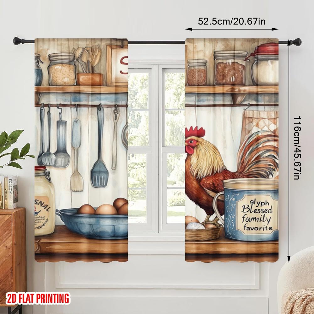2pcs  2D Plane Printing Curtains&Window Treatment Rustic Kitchen Rooster Polyester Easy Install (without Rod) Versatile All Use