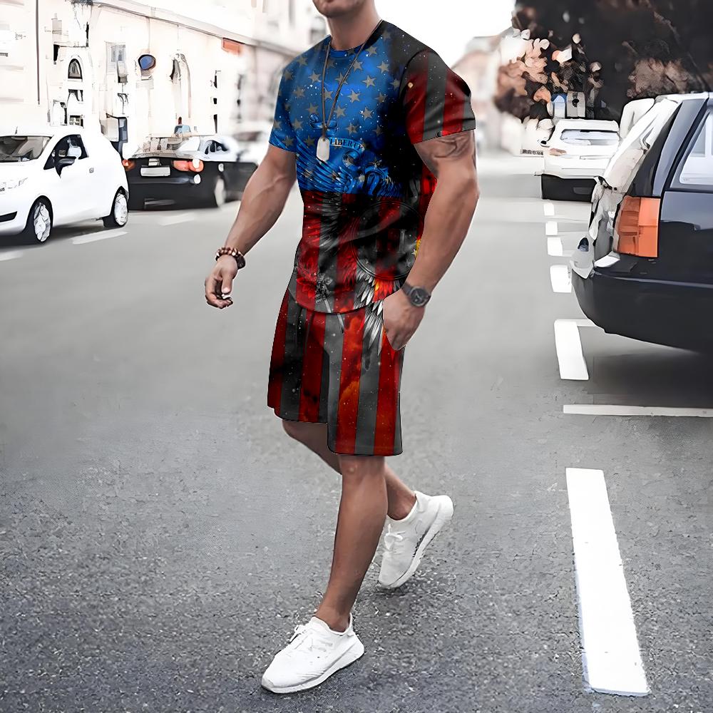 American Flag Print Short Sleeve Tee Shorts Set Casual Men's T-shirt Shorts 2-piece Set Quick Drying Breathable Mesh T Shirt