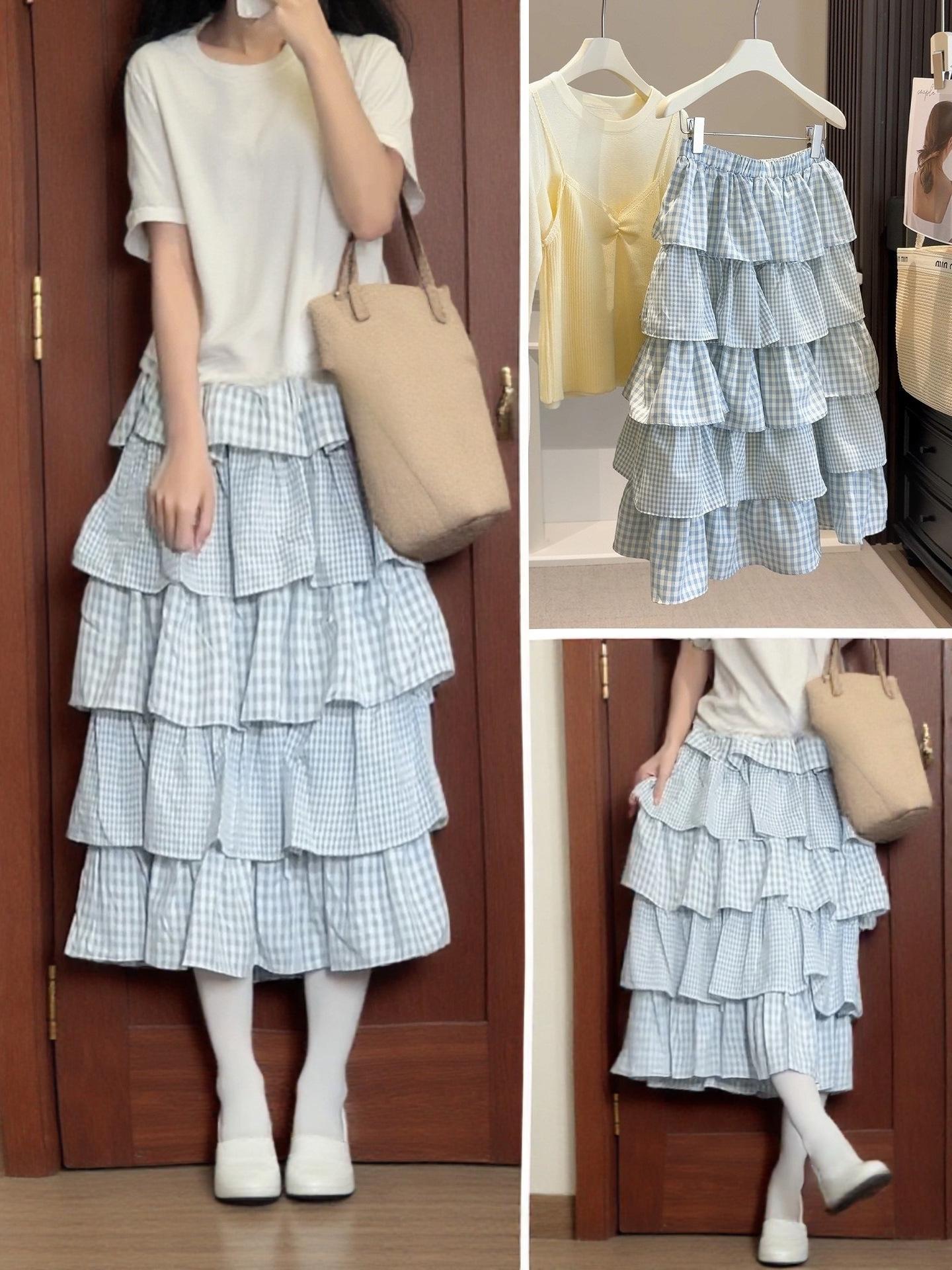 Spring/Summer 2026 Women s High-Waisted Plaid Ruffle Skirt – Slimming Multi-Layered Cake Style One Size светло-синий