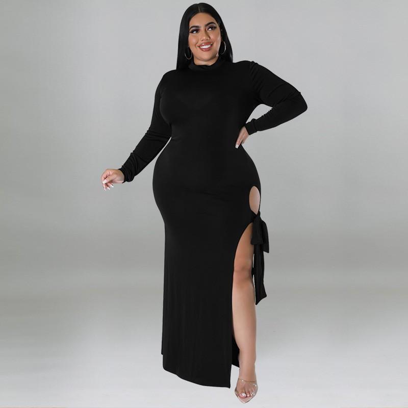 Plus Size Womens Long Sleeve Knit Dress With Zipper Tie Detail Irregular Hem Midi To Maxi In Solid Colors