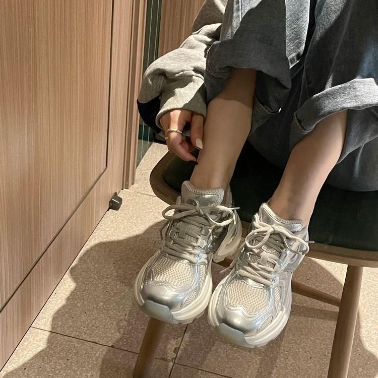 [sheii Su Yinyin] Paris Old Magazine~ Horse Skin Silver and White Heightening Platform Sports and Leisure Shoes Female Dad Shoes
