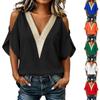 Women Casual V Neck Lace Trim Short Sleeve Cold Shoulder Blouse Loose Fit Summer Fashion Top for Daily Wear