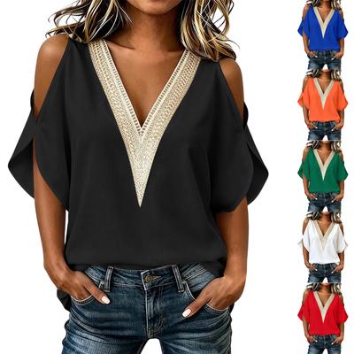 Damen Casual V-Ausschnitt Bluse Kurzarm Top mit Spitzenbesatz Cold Shoulder Design Leicht Locker Geschnittenes Hemd für den Alltag