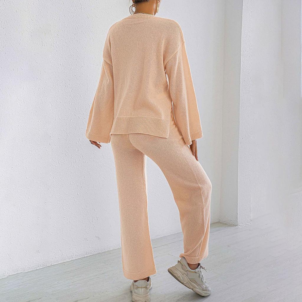Home Set Loose Comfortable Casual Solid Color Long Sleeve Top Pullover Sweater Women Straight Wide Leg Pants Two-piece Set