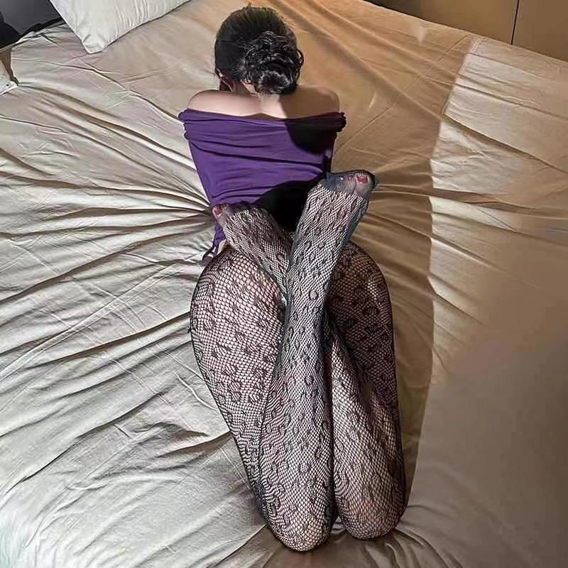 Women Sexy Leopard Fishnet Stocking Mesh Tights Print Punk Stretch Pantyhose Ladies Fashion Hollow Thigh High Slim Black Hosiery