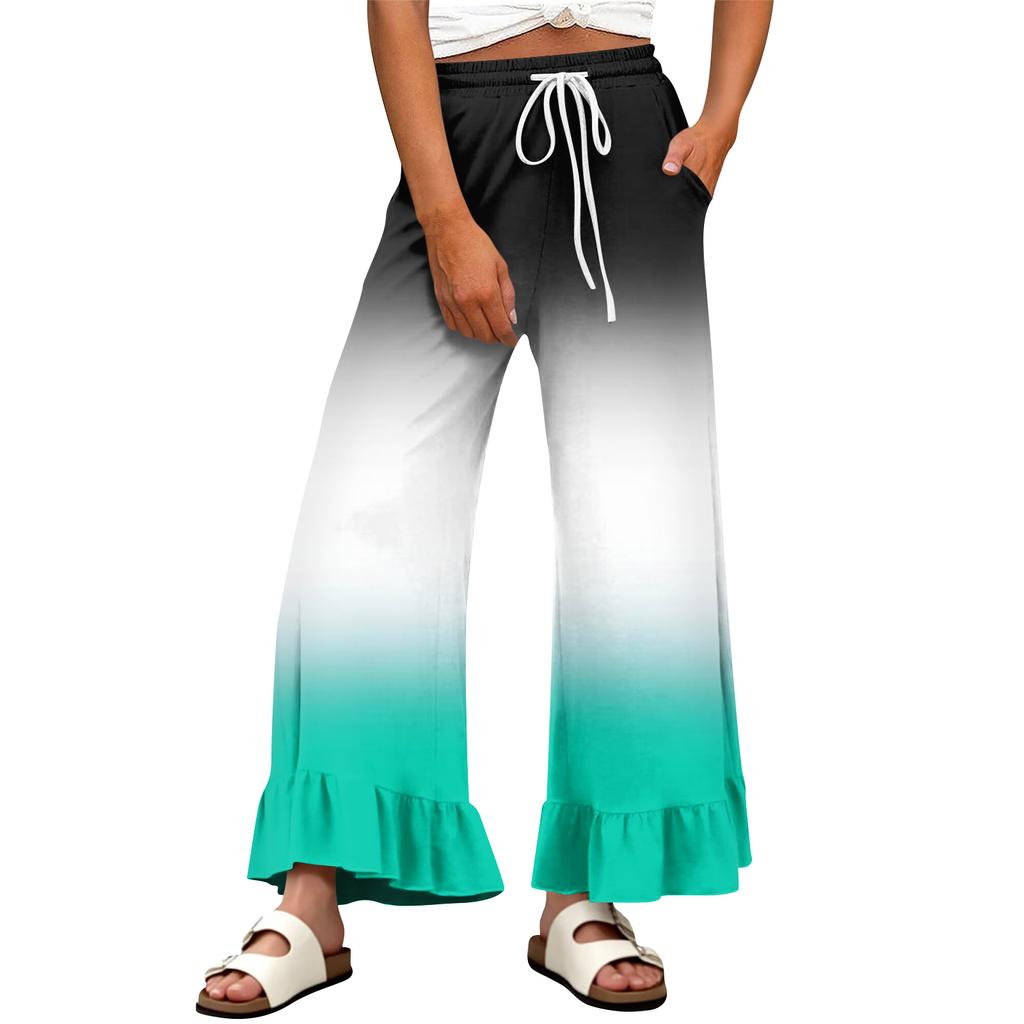 Women's Wide-Leg Casual Pants With Drawstring, Stretch, High Waist, Ruffled Hem, Wide Legs, Belted, And Pockets