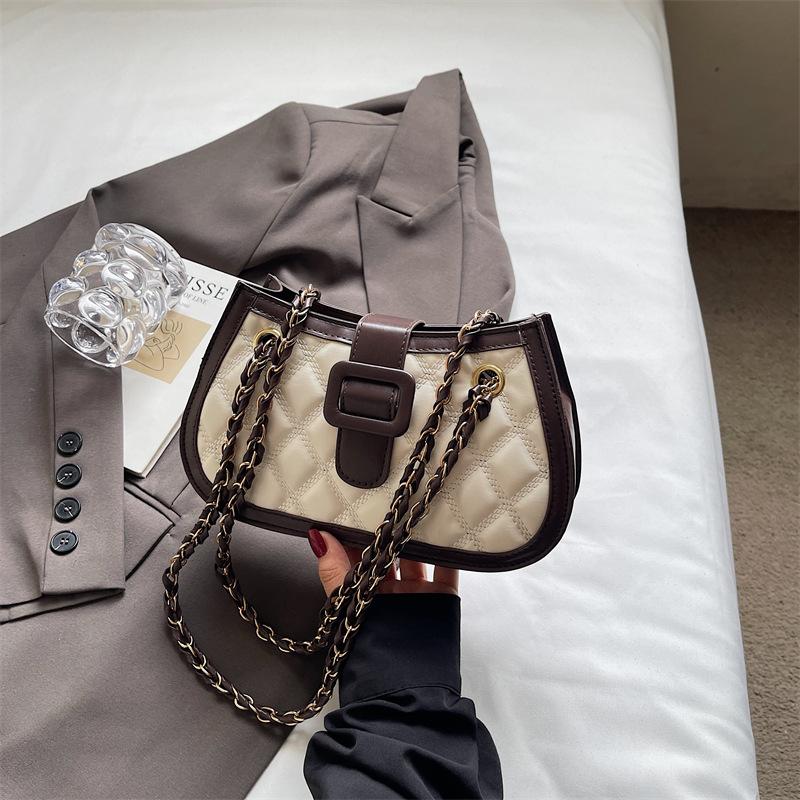 

Rhombus chain bag 2025 new fashion contrasting color splicing texture underarm bag foreign trend messenger bag women s bag
