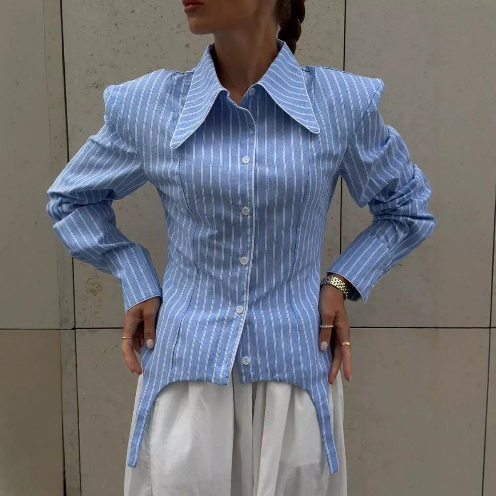 Irregular Hemline Stripe Slim Shirt Lapel Collar Women Shirt Casual Long Sleeve Shirt Office Style