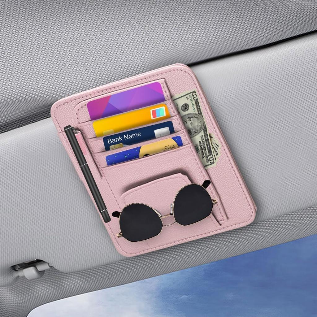 Small Leather Car Sun Visor Organizer - Multifunctional Car Interior Sunglass Holder Auto Visor Document Holder - Auto Card Sleeve Pocket Pouch