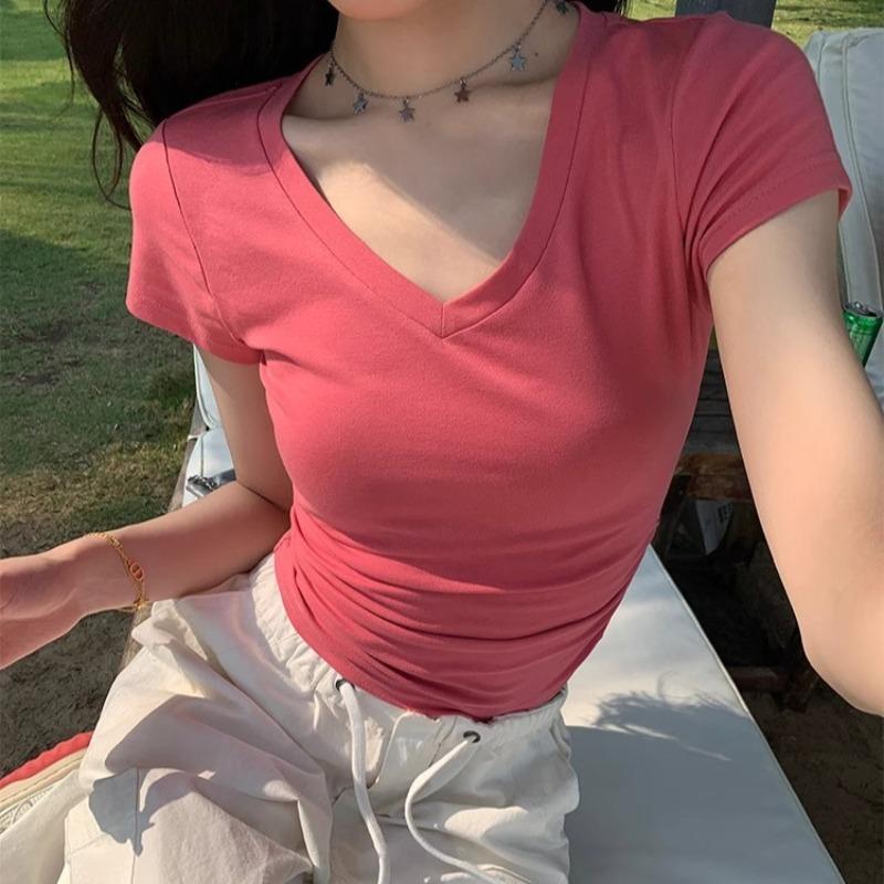 

Летняя высококачественная тонкая утягивающая футболка нового стиля из хлопка с прямыми плечами и V-образным вырезом с короткими рукавами для женщин XXL [125-70kg] розовый