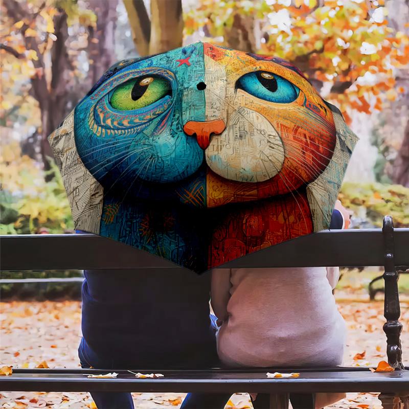 0106 Colorful Cat pattern, automatic folding umbrella, portable and foldable design, 8 ribs, a Christmas or birthday gift.