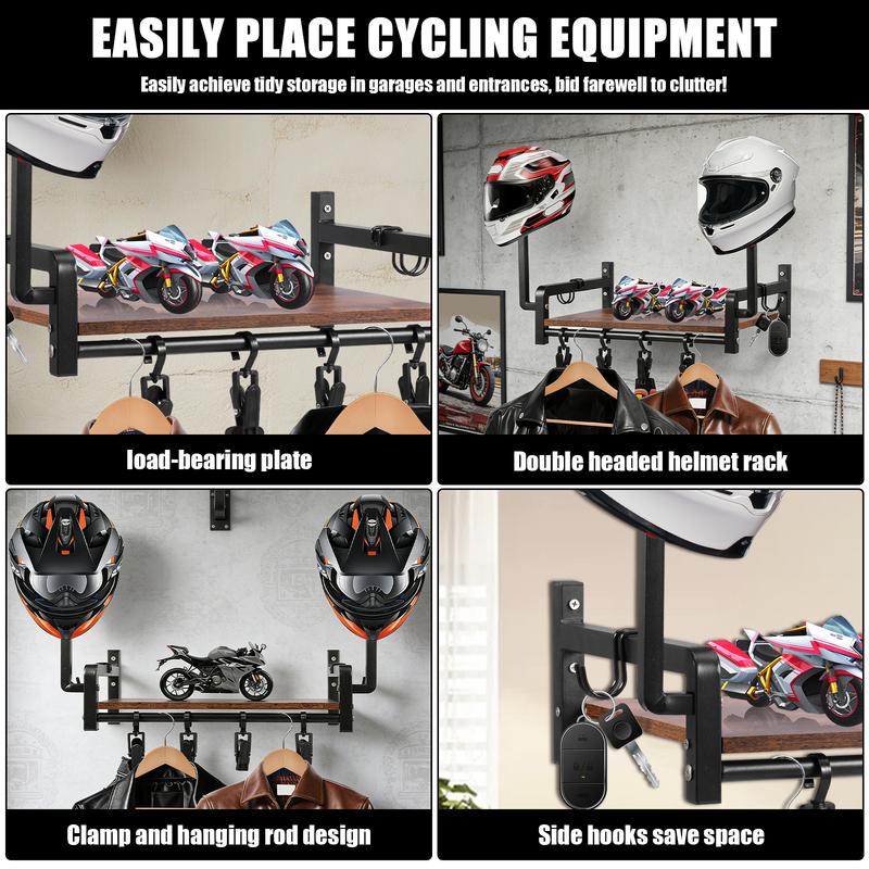 Helmet Holder Wooden Wall Mount Motorcycle Helmet Display Stand with 4 Clip and 2 Hook Multi-purpose Riding Suits Storage Rack