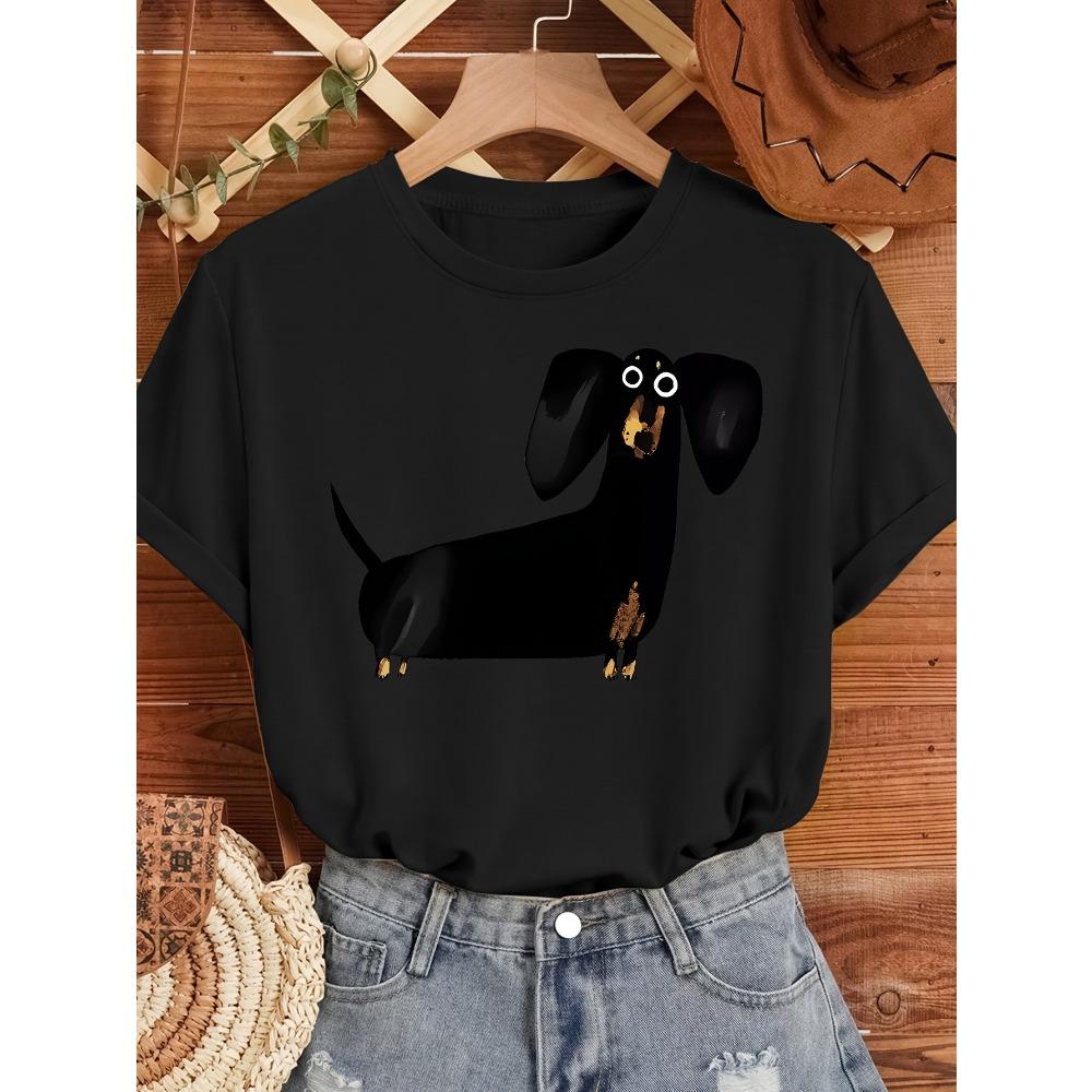 Cute Black Sausage Dog Funny Printed Women's T-shirt Short Sleeve Crew Neck Top for Summer Women's Harajuku Casual Clothing