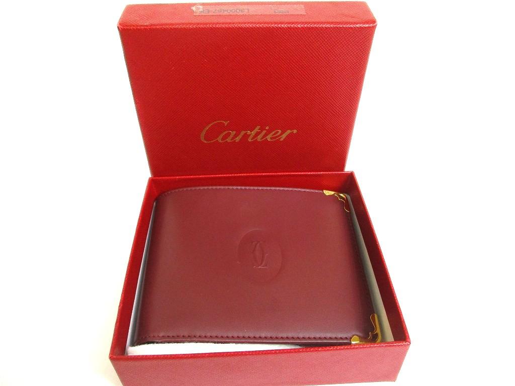Authentieke Cartier Must de Cartier Bordeaux Leder Dubbelgevouwen Portemonnee #b079 Open doos