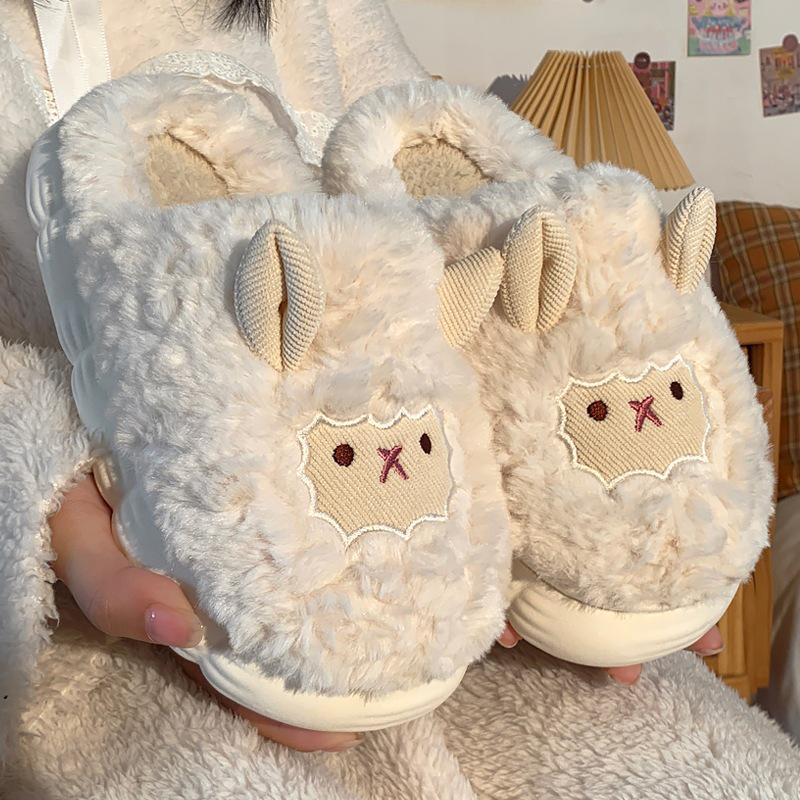 Women's Warm Winter Sheep Slippers - Non-Slip, Fleece-Lined, Thick Sole, and Cotton Comfort.
