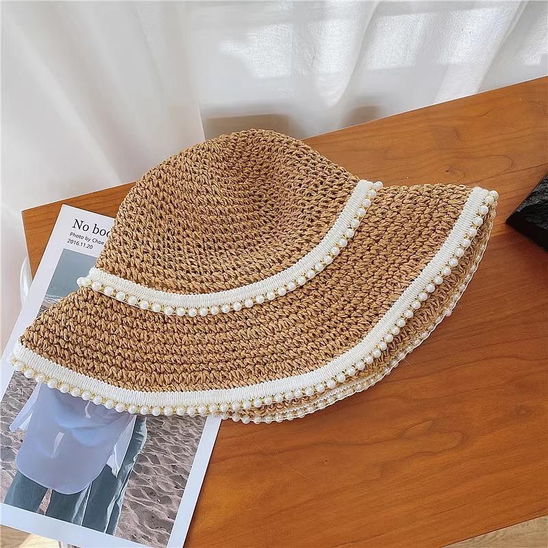 

Summer Hats For Women Sun Hat Beads Chain Fisherman Cap Sun Protection Handmade Travel Folding Sunhat 56-58cm хакі