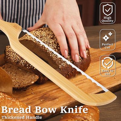 Couteau à pain en forme d'arc avec manche en bois Acier inoxydable Trancheuse à pain au levain Scie à arc à pain Trancheuse à pain pour fruits et pâtisseries Outil de cuisson